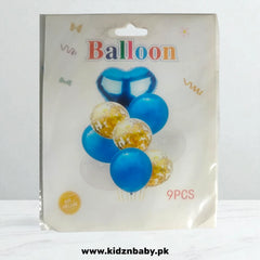 Royal blue and gold confetti party balloons set (9 Pcs) featuring foil heart shapes