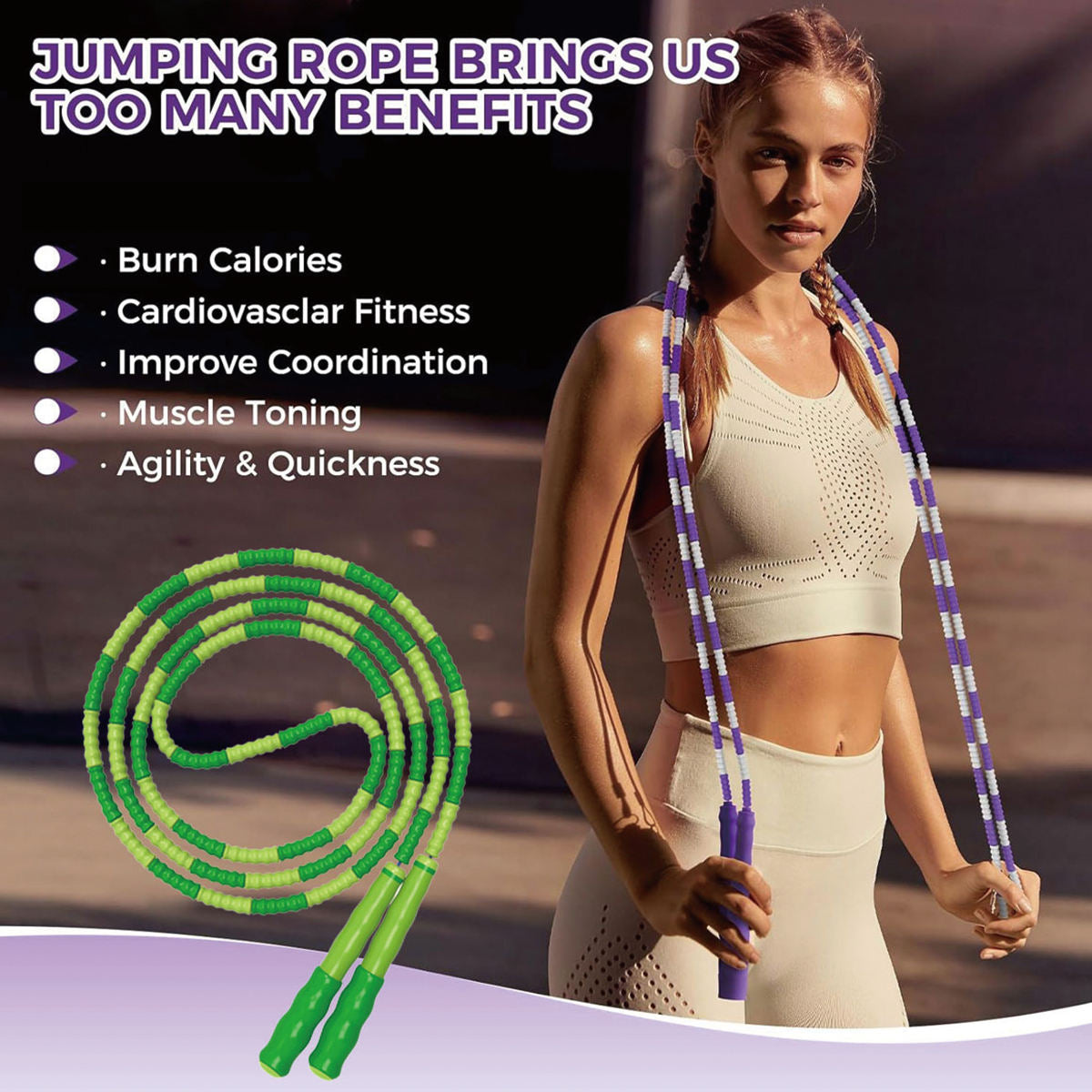 Woman holding a jumping rope with text about its benefits on a blurred background