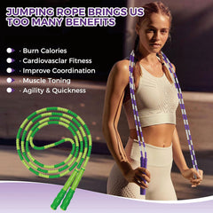 Woman holding a jumping rope with text about its benefits on a blurred background