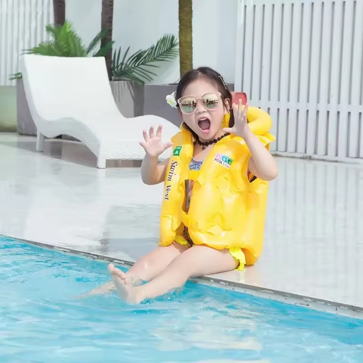 Child wearing a yellow life jacket sitting by a pool.