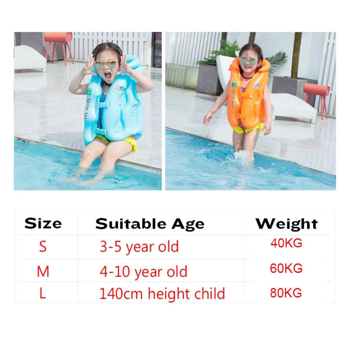 Two children wearing inflatable life jackets in a pool with size and weight chart below.