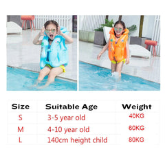 Two children wearing inflatable life jackets in a pool with size and weight chart below.