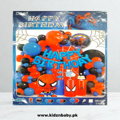 Spiderman theme birthday party combo set including banner, swirls, and red and blue balloons