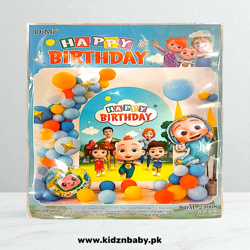 Cocomelon theme birthday party decoration set including JJ, balloons, banner, and backdrop