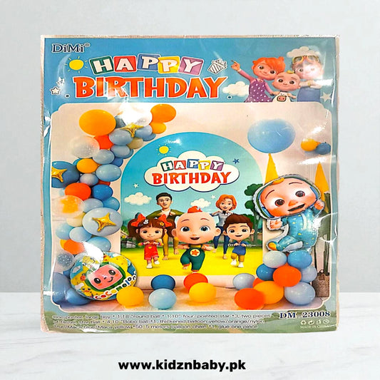 Cocomelon theme birthday party decoration set including JJ, balloons, banner, and backdrop