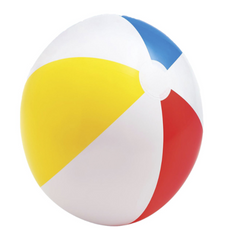 A colorful beach ball with blue, pink, yellow, and white panels, marked as 20 inches (51 cm) in diameter, intended for the 'WET SET COLLECTION' and suitable for ages 3+.