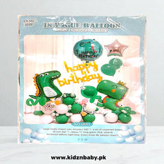 Dinosaur character birthday party decoration set with balloons, banner, and swirls