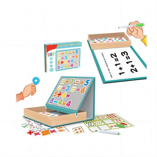 Educational math game set with numbers, equations, and a box on a white background