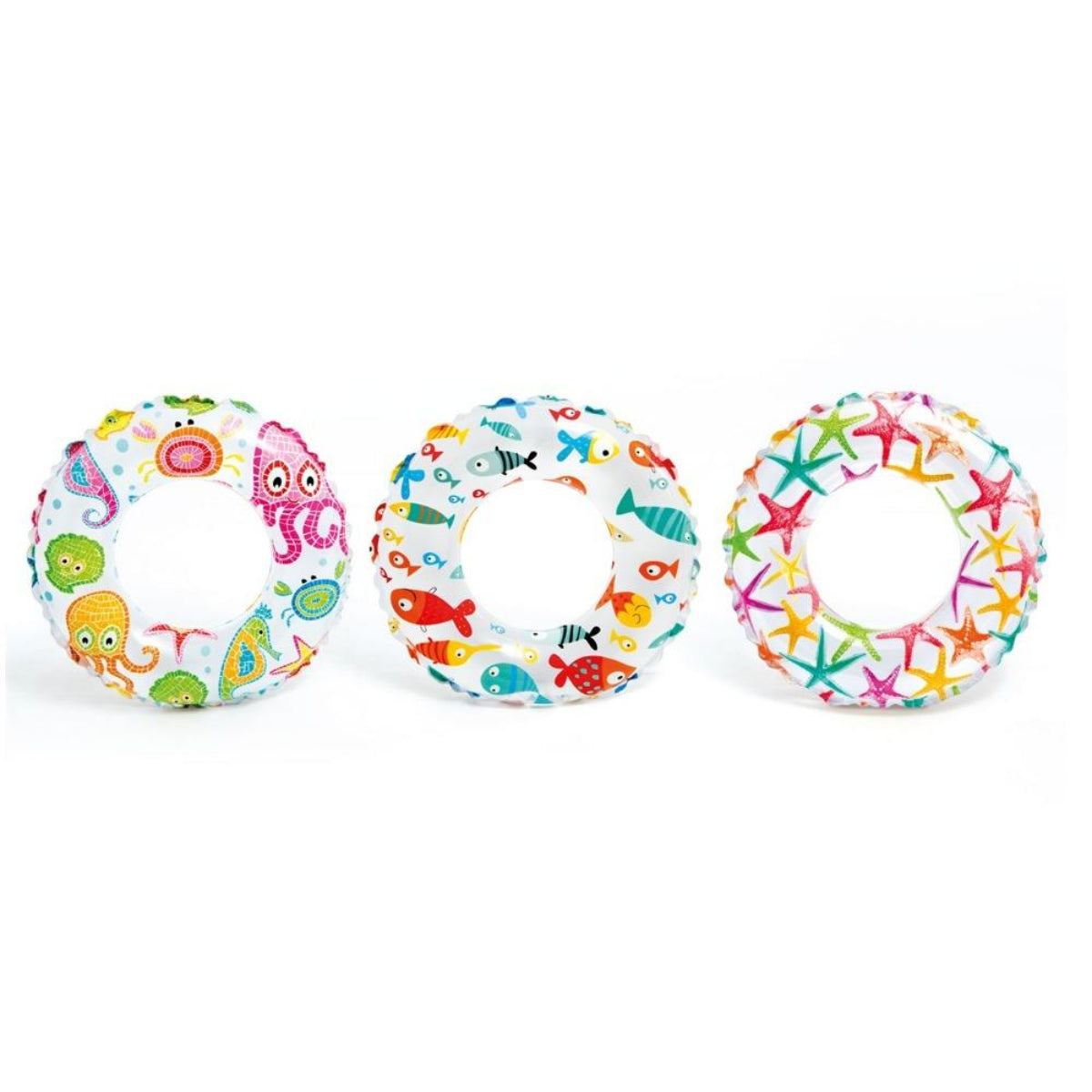 Three colorful inflatable swim rings with sea-themed designs on a white background