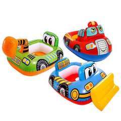 Three colorful inflatable baby pool toys shaped like vehicles on a white background