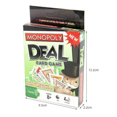 Monopoly Deal card game packaging with dimensions on a white background