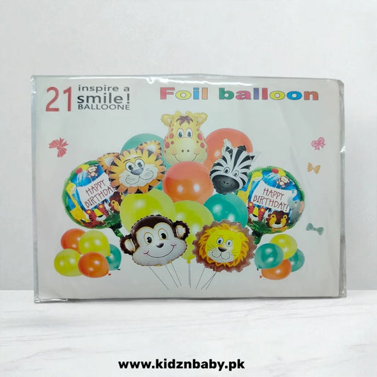 Complete 21-piece jungle theme balloon set with latex, foil, and animal shapes