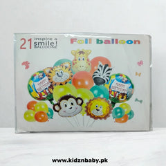 Complete 21-piece jungle theme balloon set with latex, foil, and animal shapes
