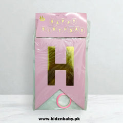 Pink birthday banner with gold letter 'H' on a white background