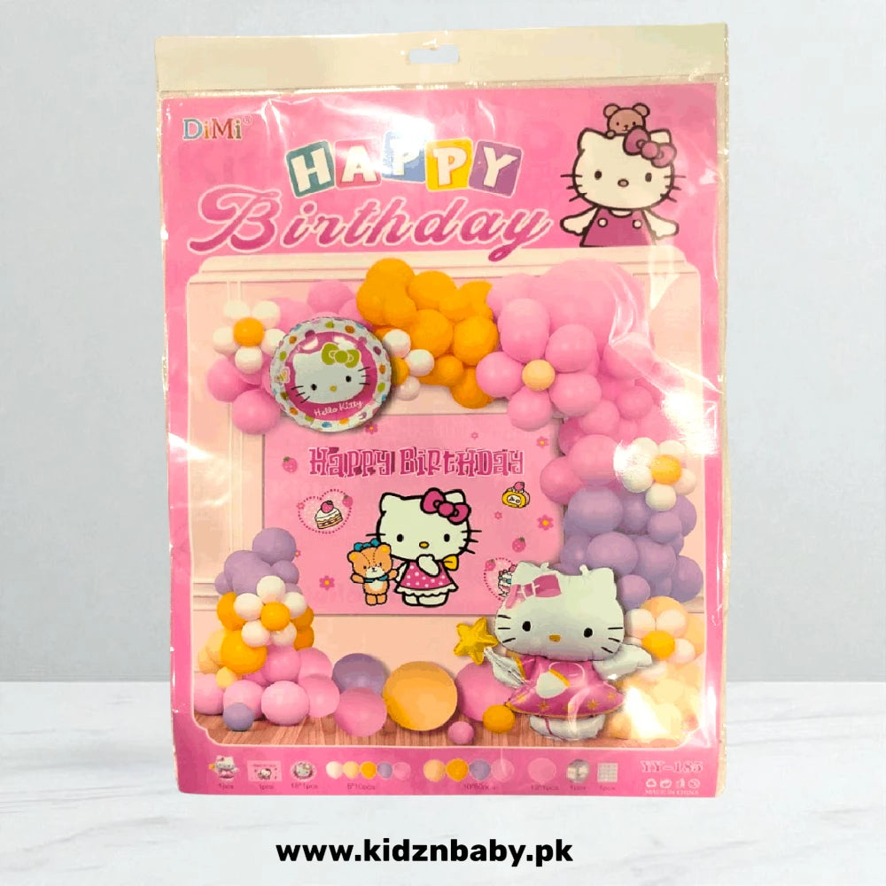 Hello Kitty theme birthday party combo set including banner, balloons, and swirls