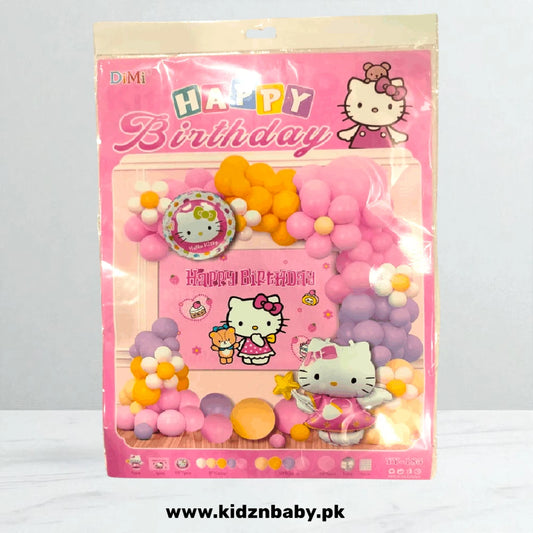 Hello Kitty theme birthday party combo set including banner, balloons, and swirls