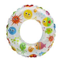Two multicolored Intex swim rings with playful animal and shape patterns, intended for use in water by children.