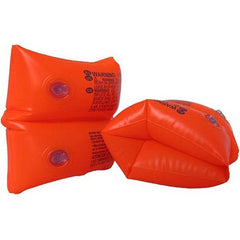 Two orange inflatable arm floats on a white background