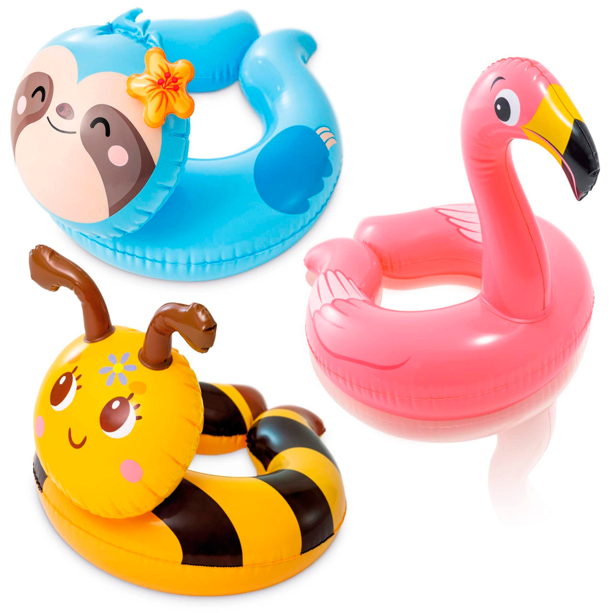 Three inflatable pool toys shaped like a sloth, bee, and flamingo on a white background.