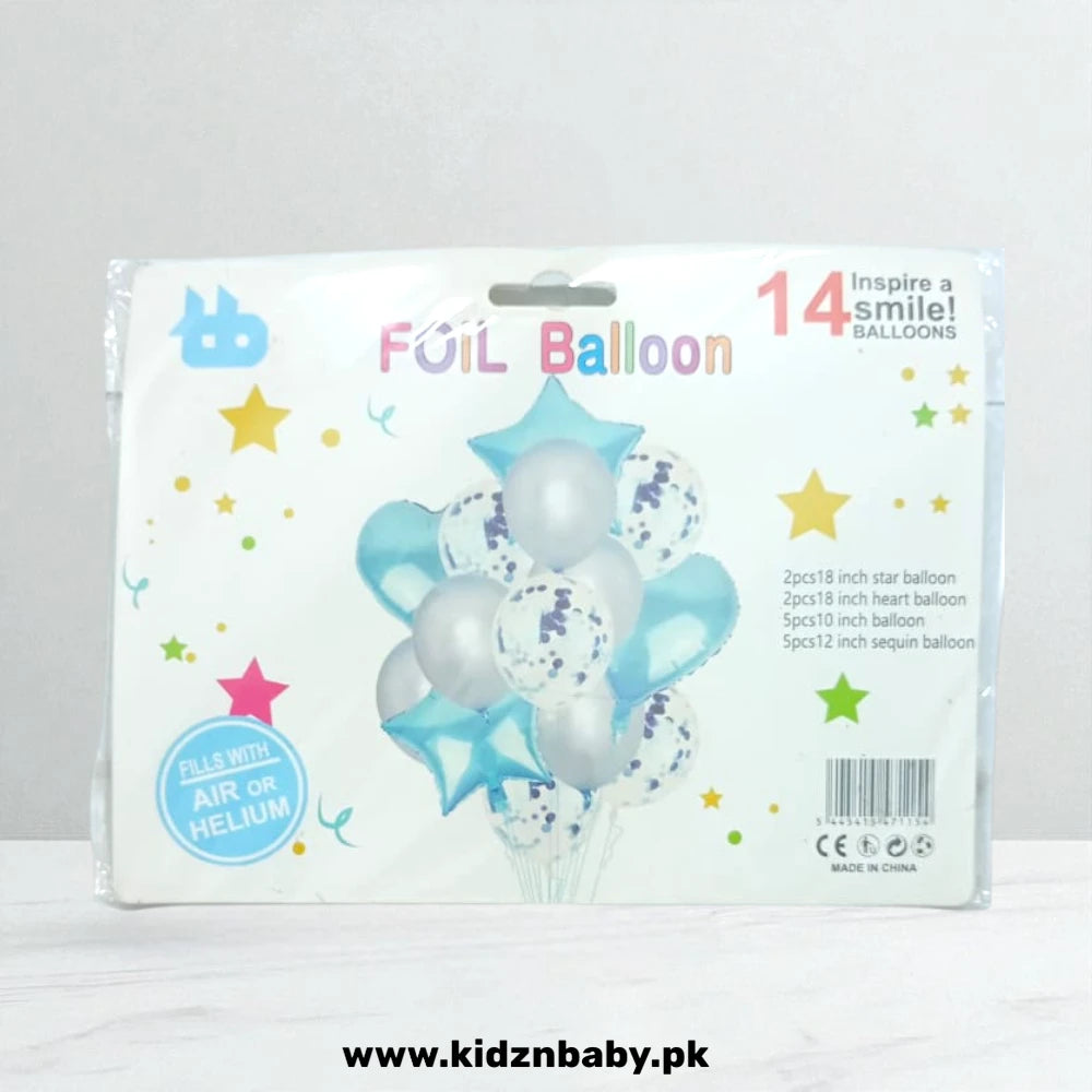 Light Blue and Silver 14 Pieces Confetti Heart and Star Foil Balloons for Party & Event Decoration
