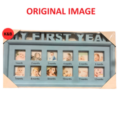 MY FIRST YEAR Baby Photo Frame in blue, designed for displaying 12 photos from 1 to 12 months, perfect for capturing a baby's first year memories.