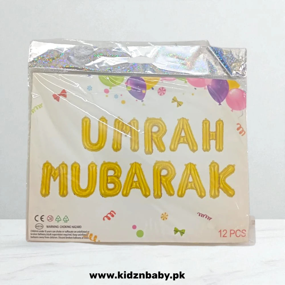 Umrah Mubarak foil balloon set in gold, silver, and black for celebration decor