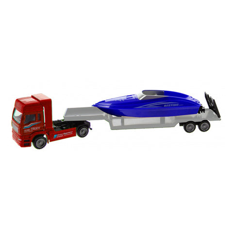 Transport Trailer Truck with Speed Boat - Die Cast - 12 inches