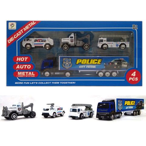 Police Cars With Container Truck - 4 pcs Die Cast Metal set