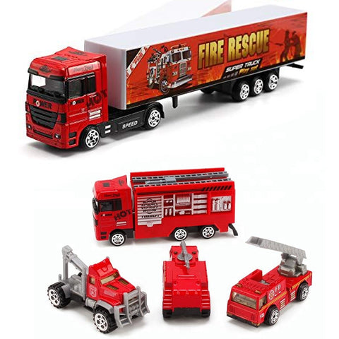 Fire Brigade Engine Rescue Cars With Container Truck - 4 pcs Die Cast Metal set