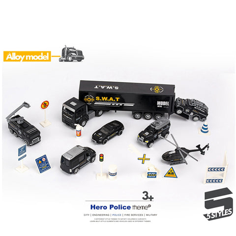 Metal Dinky Container Truck With 3 pcs Die Cast SWAT Police Theme