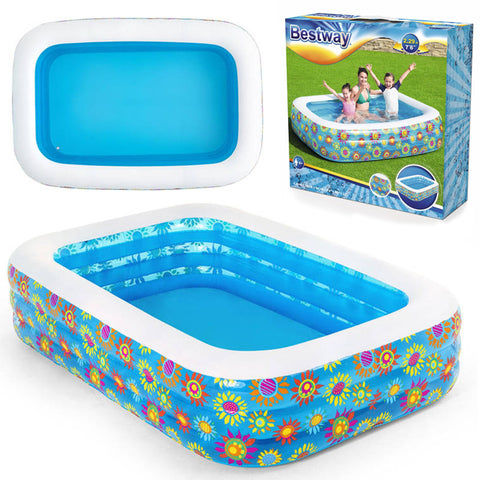 Bestway 54120 Happy Flora Swimming Pool For Kids 90 Inch Inflatable Rectangular Large Kids &amp; Family Swimming Pool Summer Season Pools Party With Inflatable Vinyl Deep Swimming Pool with 22 Inch depth 5 foot width &amp; 7.5 ft