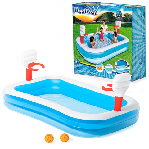 Bestway 54122 Basketball Inflatable Play Swimming Pool 8 Ft For Kids 87 Inch Inflatable Rectangular Large Kids &amp; Family Swimming Pool With Basketball Summer Season Pools Party With Inflatable Vinyl Deep Swimming Pool With Play Basketball Indoor Pool