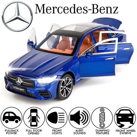 Mercedess-Benz E-Class Alloy Children's Sports Model Car Die-Cast Metal Toy Car - 1:24 Scale - Lights &amp; Sound Vehicle - Blue