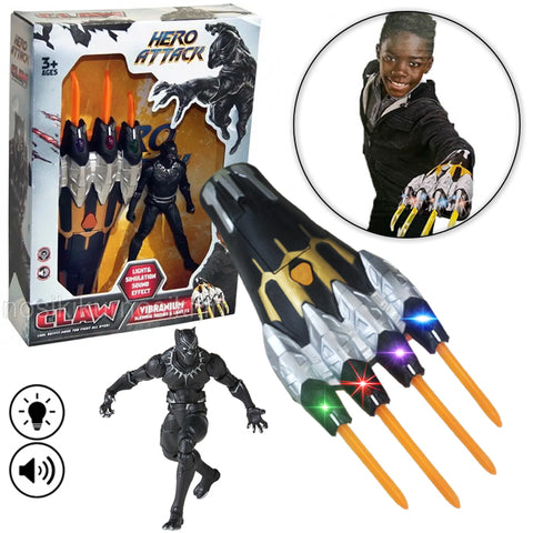 Black Panther Marvel Avengers Plastic Claw With Action Figure - Hand Contractible Pop After Pressing And Character With Light Toy For Kids