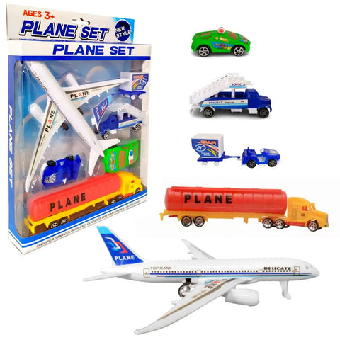 Plane Set with Airport System Learning Set - Oil Tanker - Police Car - Stair Truck and Generator - 6 Pieces plane Set Toy For Kids