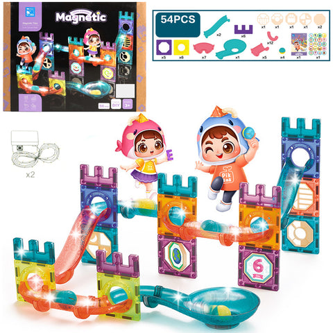 Magnetic Tiles Construction Play with Glowing Light 56 Pcs - Cute Great Walls Set Toy For Kids