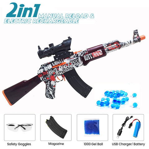 A-47 Gel Blaster Manual Reload &amp; Automatic Electric Rechargeable - 2 in 1 Toygun With Goggles - Size Approx. 24 Inch