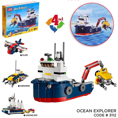 Decool Architect Ocean Explorer &amp; Detection Ship - Submarine Aircraft 4 In 1 Building Block &amp; Bricks - 213 Pcs - 3112