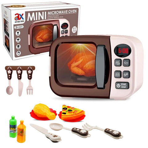 Mini Microwave Oven Toy Household Appliances Set with Light Effects and Accessories - 11 Pcs Food Pretend Play Set