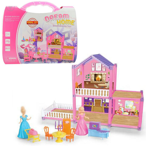 Planet X - Dream House Doll House Briefcase for Kids Girls - Doll House Set With Plastic Dolls &amp; Plastic Furniture - 75 Pcs Doll House Building Blocks Set games - Miniature Mansion