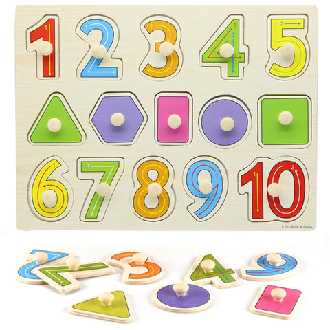 Wooden Shapes and Numbers Puzzle Hand Grab Boards Toys Children Educational Montessori Toys