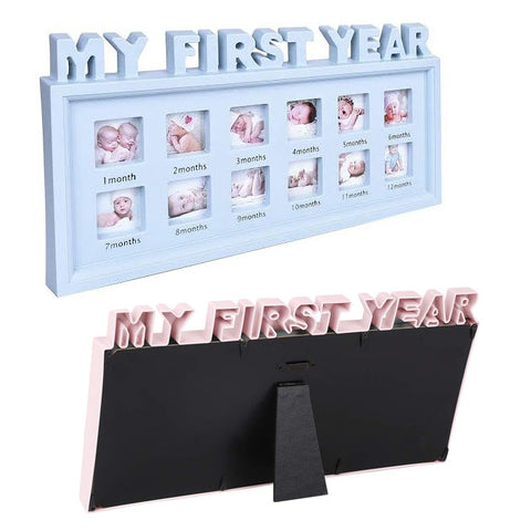 My First Year Baby Pictures Wooden Frame for 12 Month - Frame Pictures From 1 Month to 12 Month Baby Photo Frame - Blue