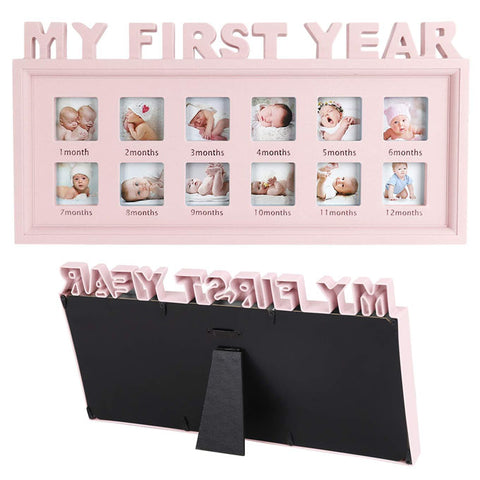 My First Year Baby Pictures Wooden Frame for 12 Month - Frame Pictures From 1 Month to 12 Month Baby Photo Frame - Pink