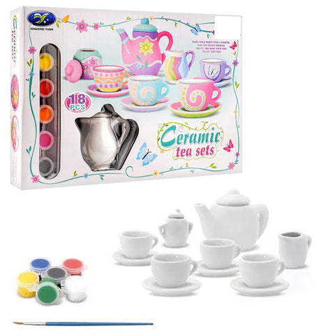 Painted Ceramic Tea Set - 18 pcs set Ceramic Dreamy Tea Set -Time Fun Paint Your Own Tea Set with our High-Quality DIY Painting Kit