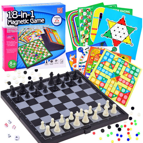 New Educational 18 in 1 Magnetic Board Game Set For Kids 2 to 4 Player Games 20cm Board - Multicolor