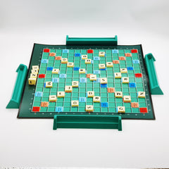 Scrabble board game with letter tiles on a white background