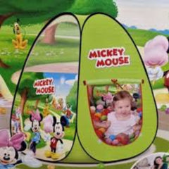 Children's play tent with Mickey Mouse design, featuring a baby inside.