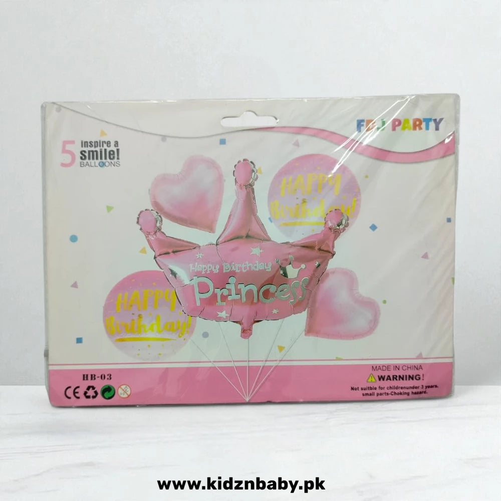 Princess Crown Happy Birthday Theme Combo Foil Balloons – 5 Pieces Party Decoration
