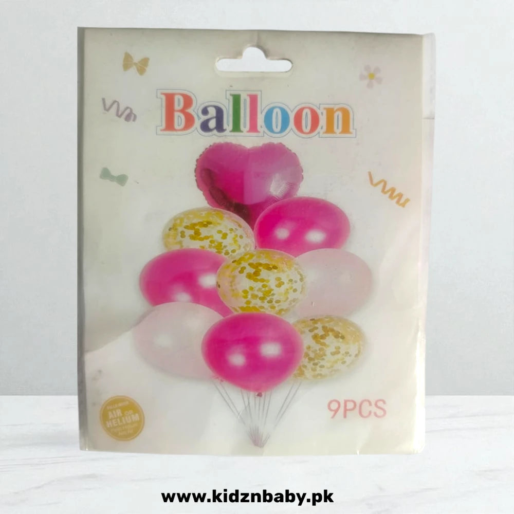 Elegant 9-piece balloon set with purple, gold, and clear confetti for anniversary or shower