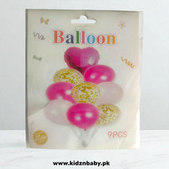 Elegant 9-piece balloon set with purple, gold, and clear confetti for anniversary or shower